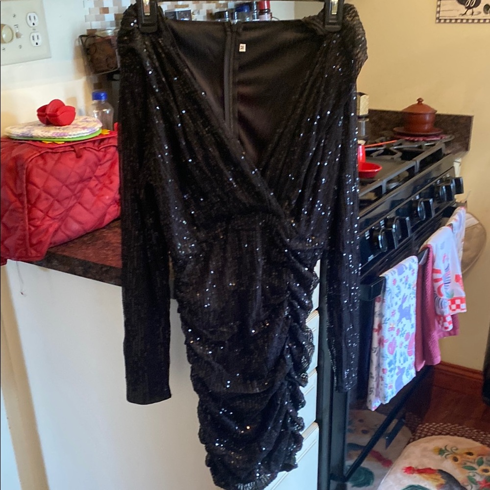 Black Sequin Long Sleeve Dress